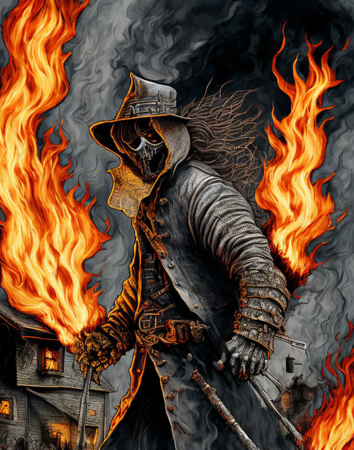 Menacing plague doctor figure surrounded by flames