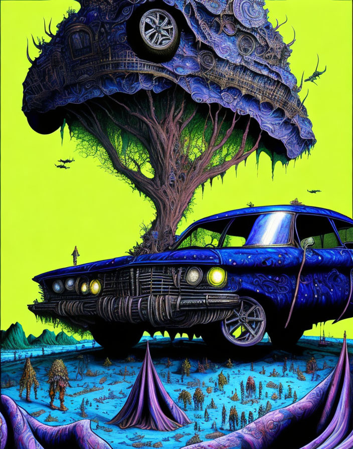 Neon surreal illustration: twisted tree, whimsical house, classic car, vibrant background