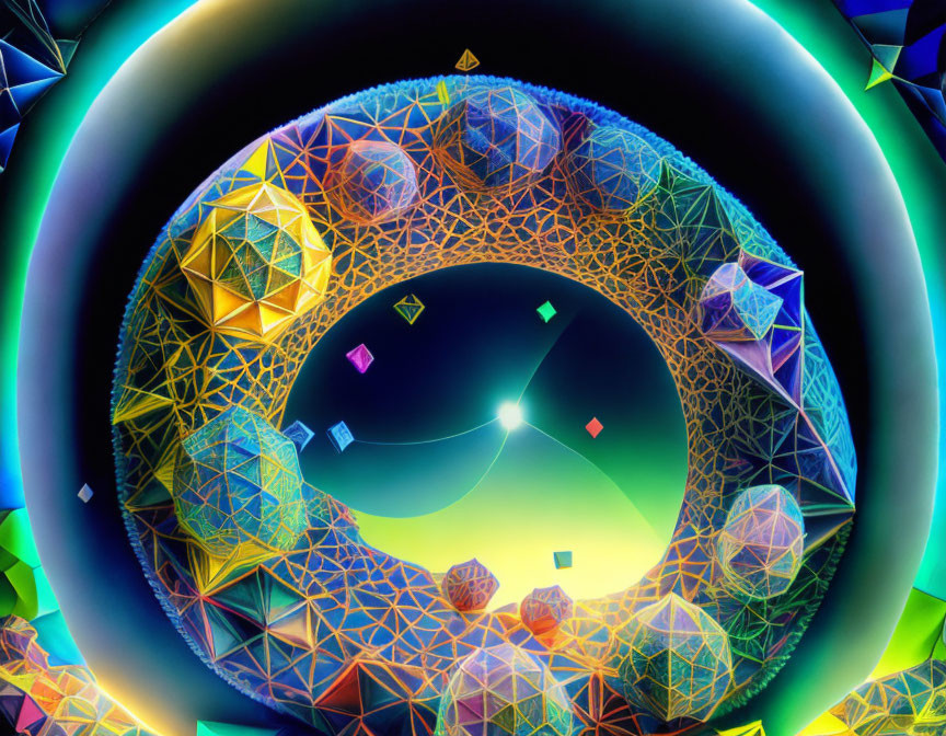 Colorful Geometric Shapes in Circular Pattern with Glowing Horizon