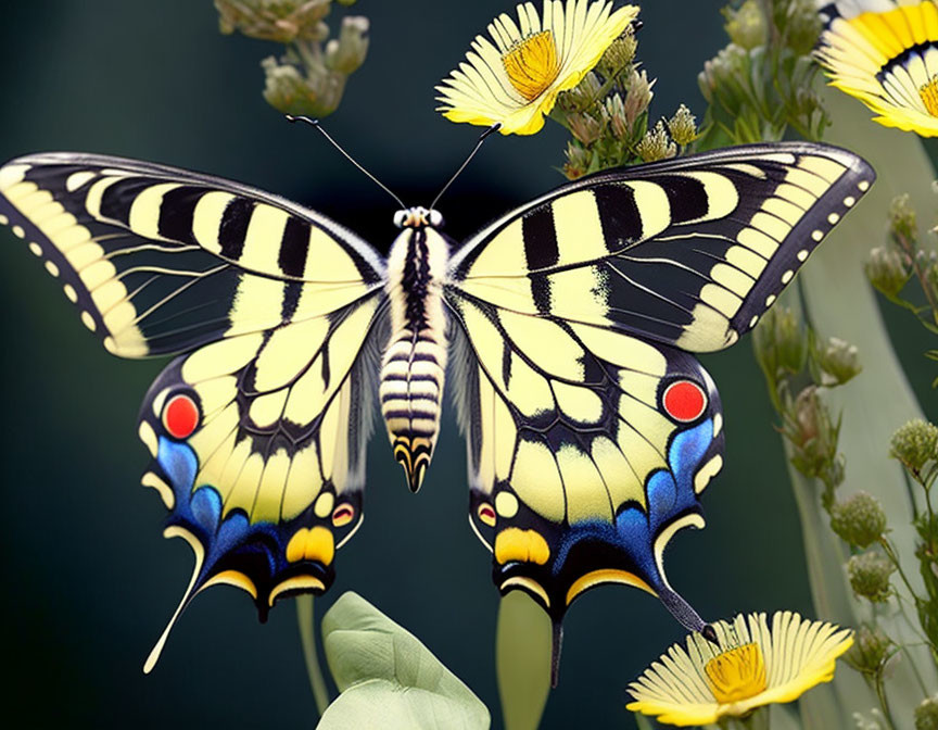 Colorful Striped Butterfly with Red and Blue Spots on Flower