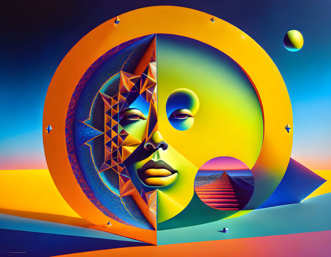 Colorful surrealist artwork featuring a central face and geometric shapes in a desert landscape