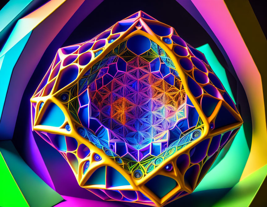 Colorful Neon-Lit Dodecahedron with Fractal Patterns