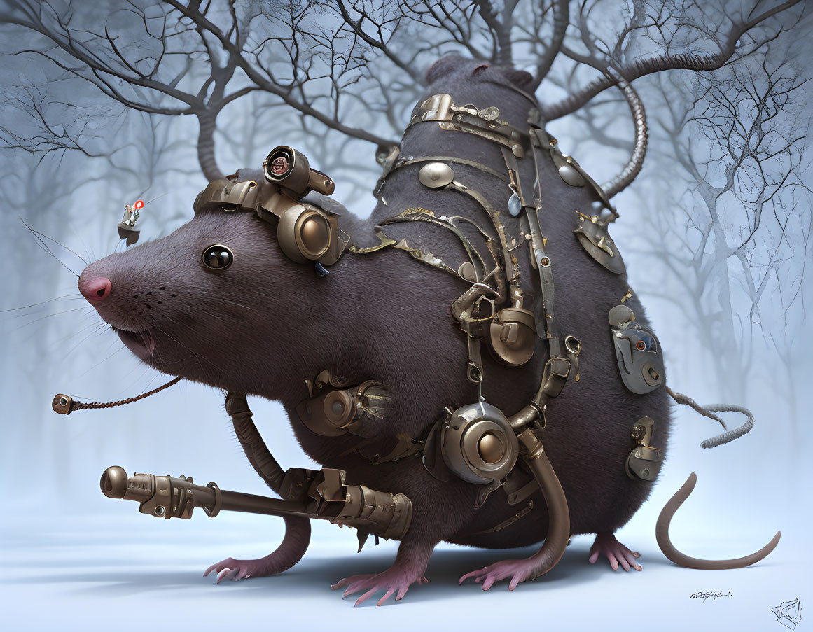 Steampunk rat with mechanical enhancements in misty forest