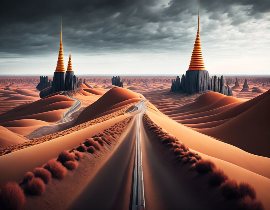 Surreal desert landscape with winding road and spire-like structures