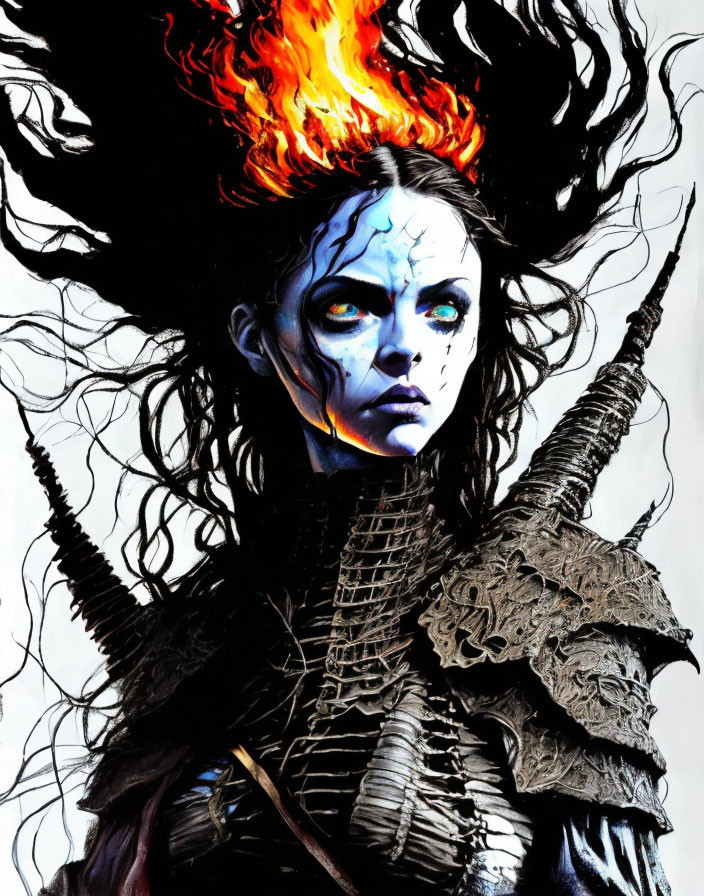 Female warrior with flaming hair and blue markings in dark armor holding a spear