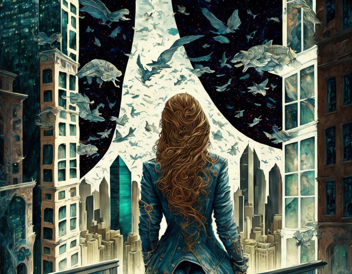 Curly-haired woman gazes at cityscape through star-shaped portal amid cosmic scene.