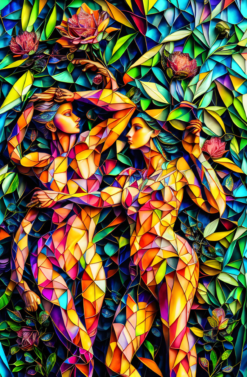 Colorful Artwork Featuring Stylized Women and Floral Mosaic