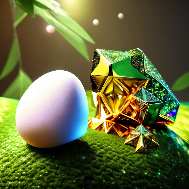 White glowing egg beside multicolored crystal on green surface with soft lighting.