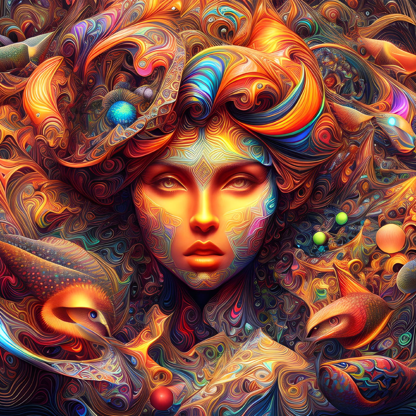 Colorful psychedelic portrait with swirling patterns and fish motifs