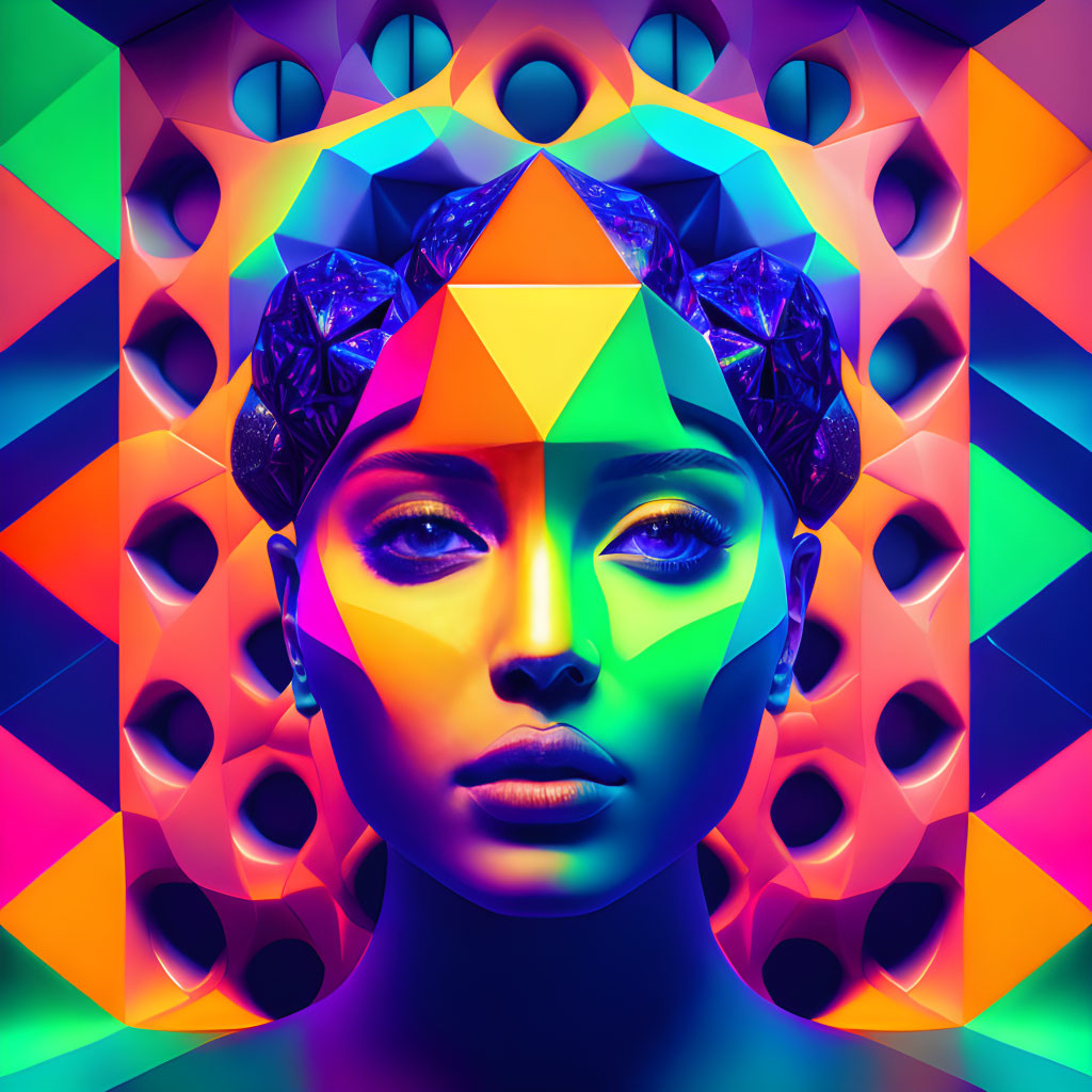 Symmetrical portrait of a woman with colorful geometric patterns