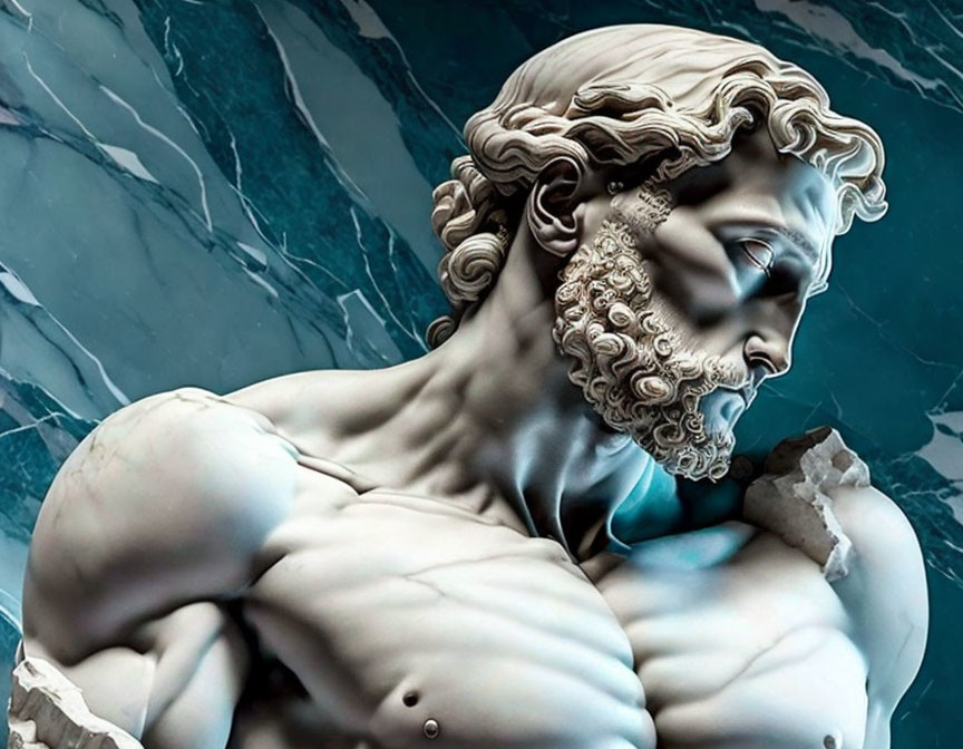 Detailed Sculpture of Muscular Man with Curly Hair on Marbled Blue Background