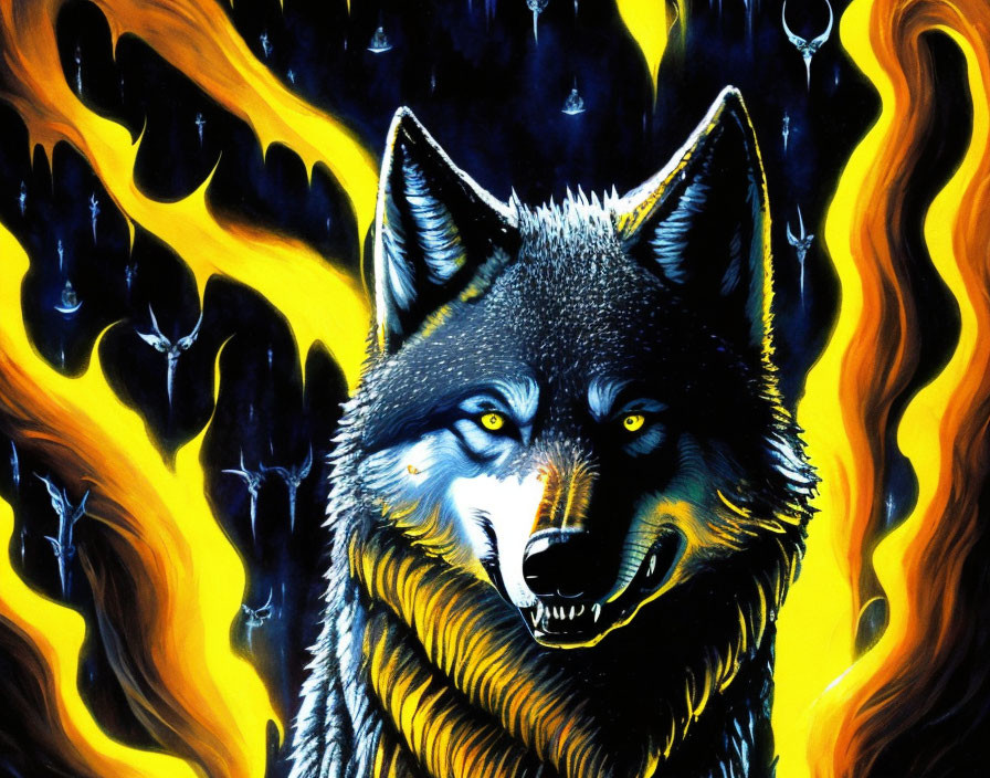 Dark-Furred Wolf with Yellow Eyes Amid Blue and Yellow Flames