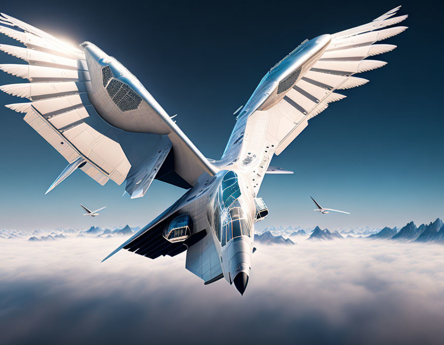 Futuristic aircraft with expansive wings flying above clouds