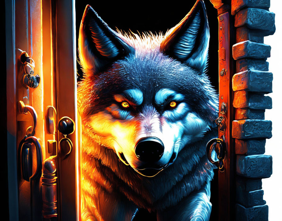 Digital artwork featuring a wolf with yellow eyes in intense orange glow