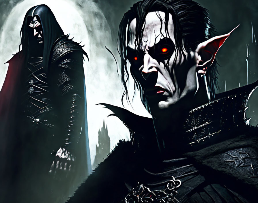 Menacing vampire characters in dark armor against a gothic backdrop