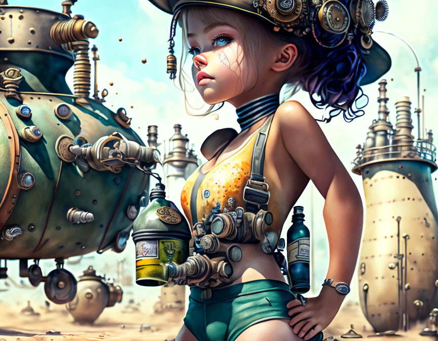 Young girl in steampunk attire beside machinery under cloudy sky