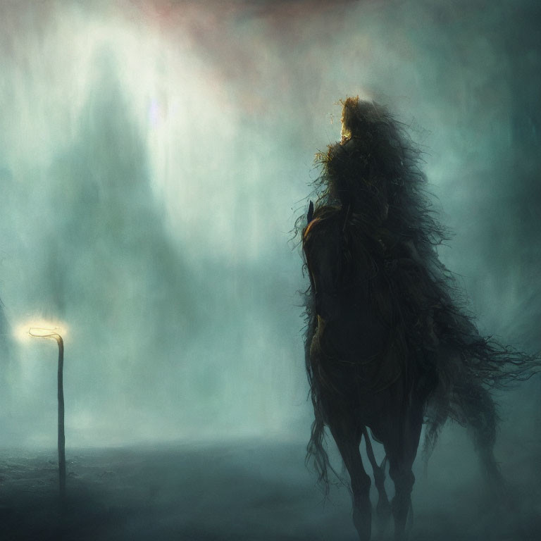 Misty landscape with shrouded figure on horse near streetlamp