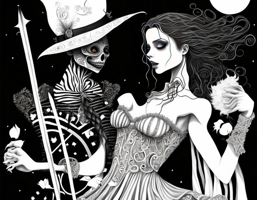 Monochromatic illustration of skeleton and elegant woman under full moon