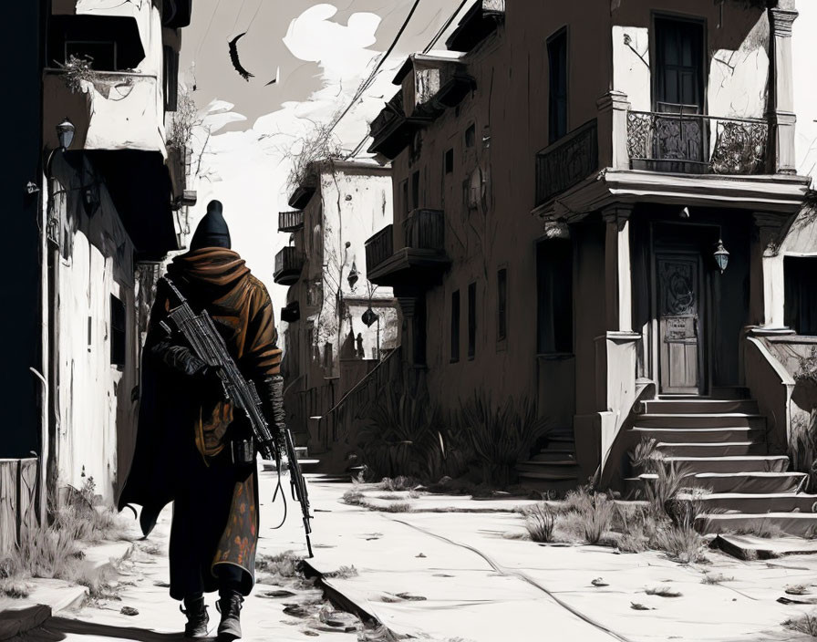 Solitary figure with cloak and rifle in desolate, monochrome street