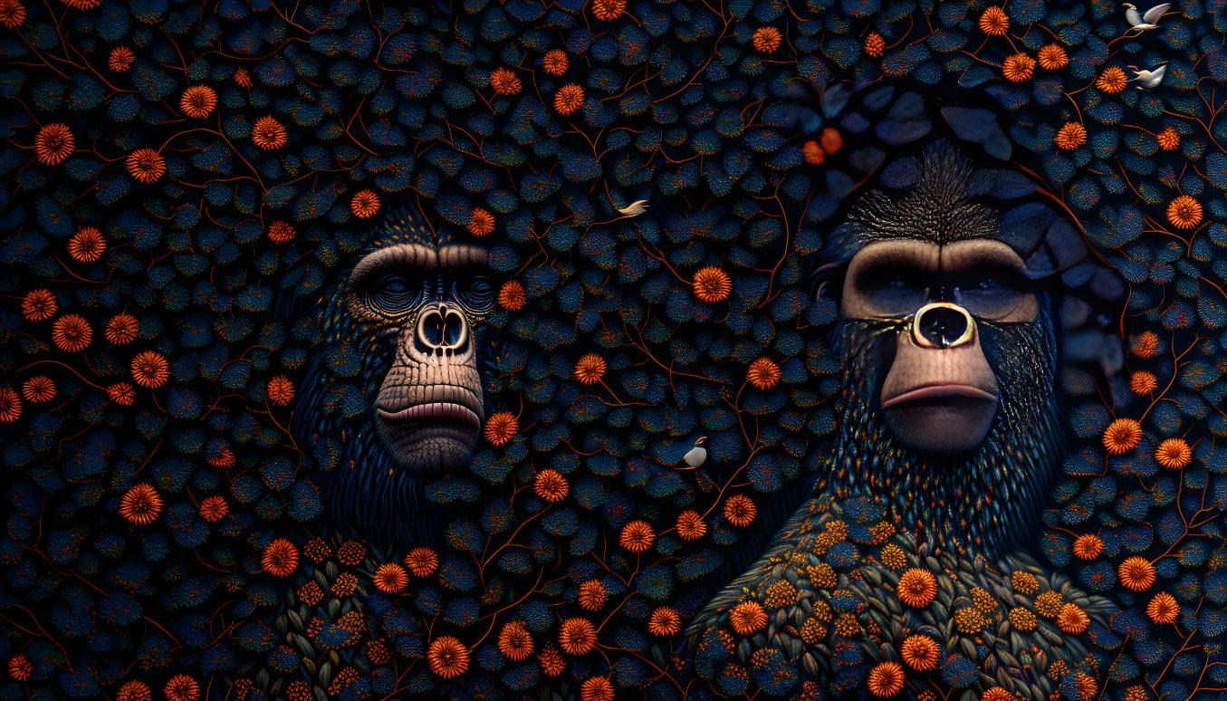 Gorilla faces in dark floral background with orange flowers