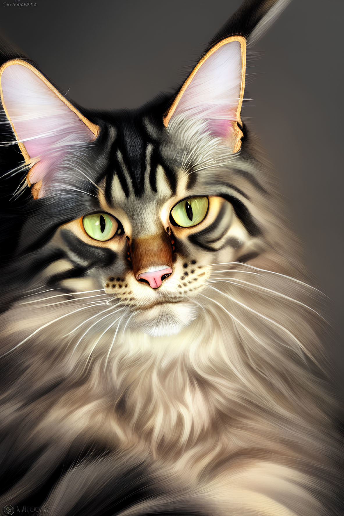 Maine Coon Cat Digital Art Portrait with Green Eyes and Tabby Markings