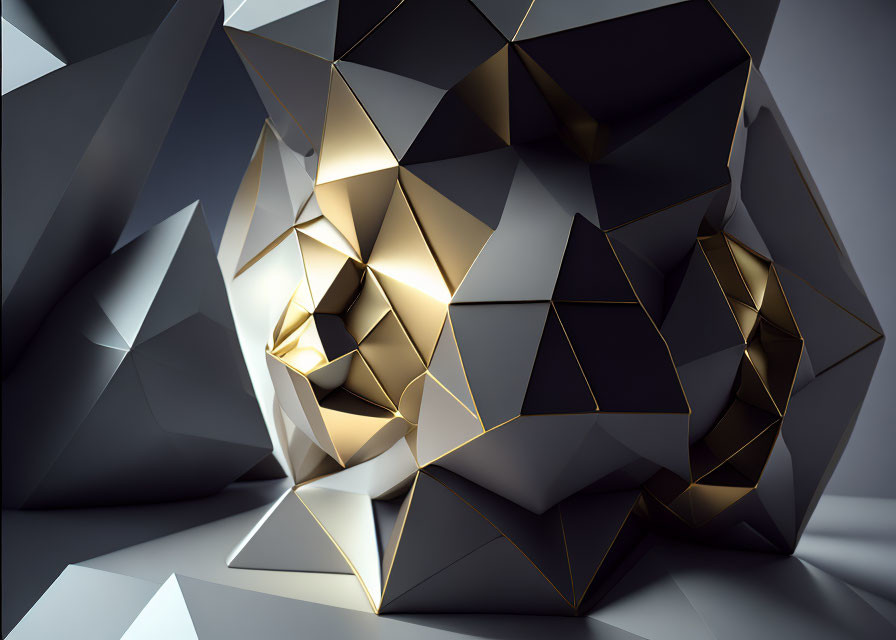 Geometric shapes with golden and gray polyhedrons in dim light