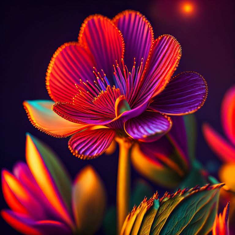 Vibrant digital art of red and purple luminescent flower on dark background