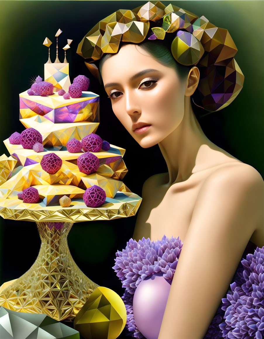 Stylized portrait of woman with geometric hair ornamentation next to fantastical cake on gold stand.