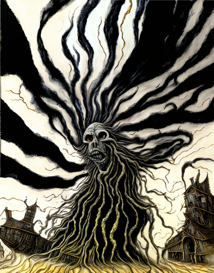 Sinister monster with hair-like tendrils and red eyes in dark sky.