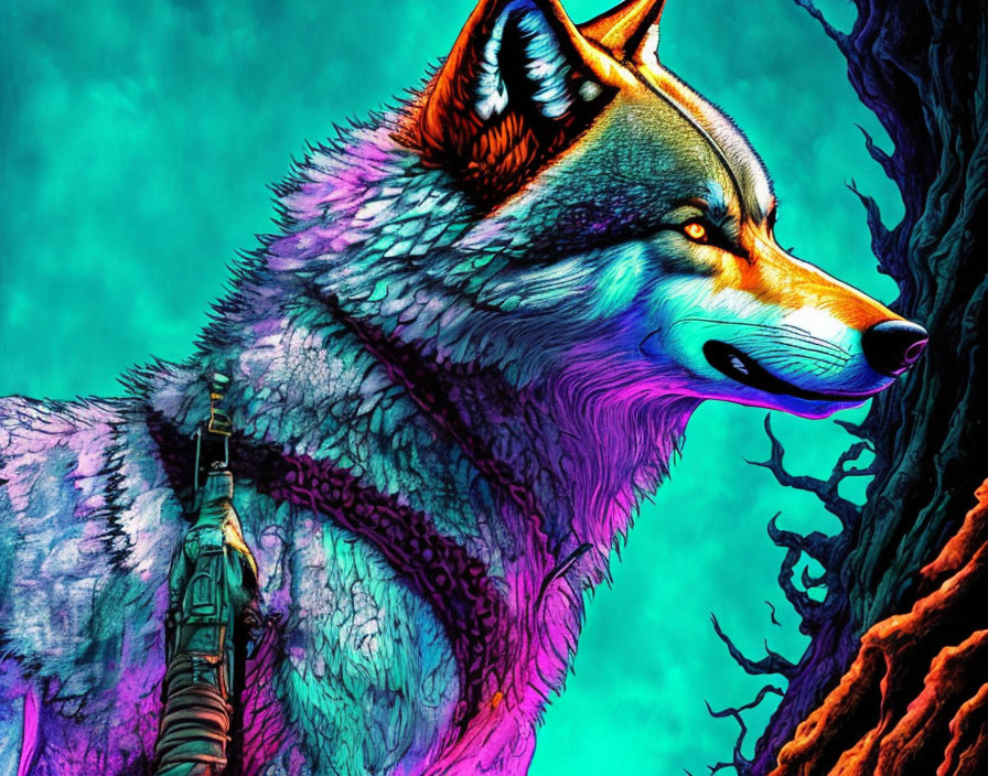 Colorful Wolf Illustration with Harness on Turquoise and Indigo Background