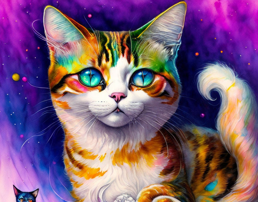 Vibrant cat illustration with green-blue eyes on purple star background