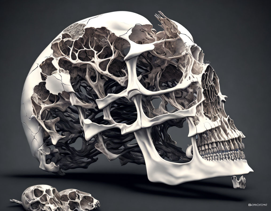 Intricate tree-like structures on human skull in 3D art