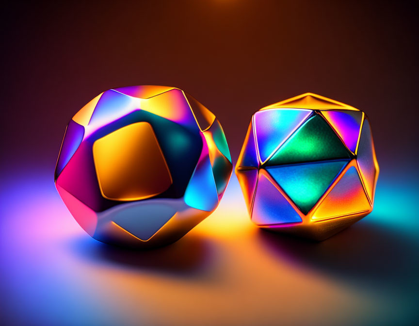 Iridescent polyhedral objects with metallic sheen on reflective surface