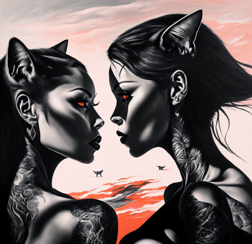 Women with feline features and black tattoos in eerie red-eyed sky.