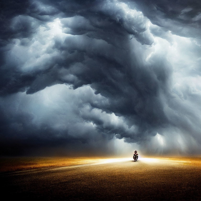 Motorcyclist riding on solitary road under stormy sky