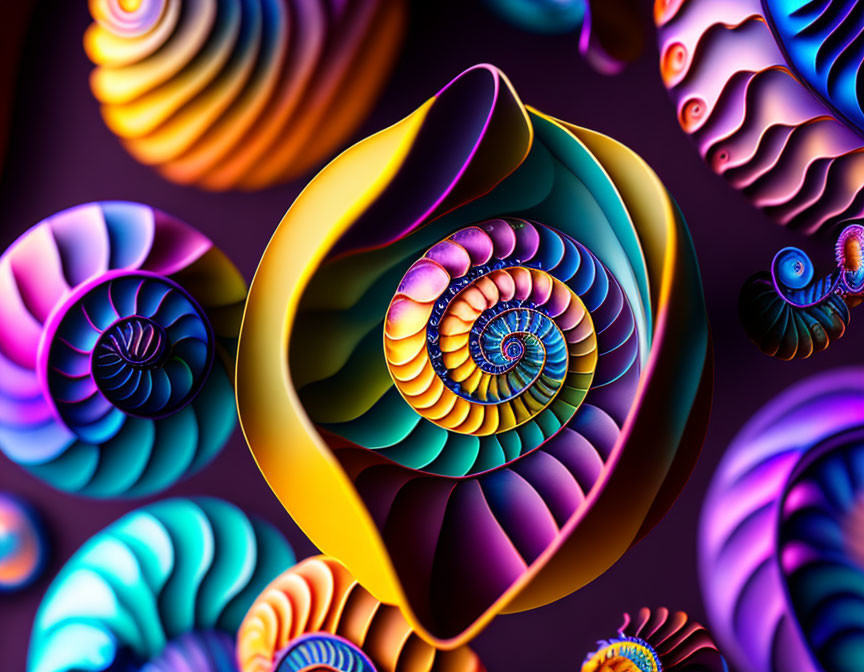 Colorful fractal shells on dark background: Surreal spiral pattern