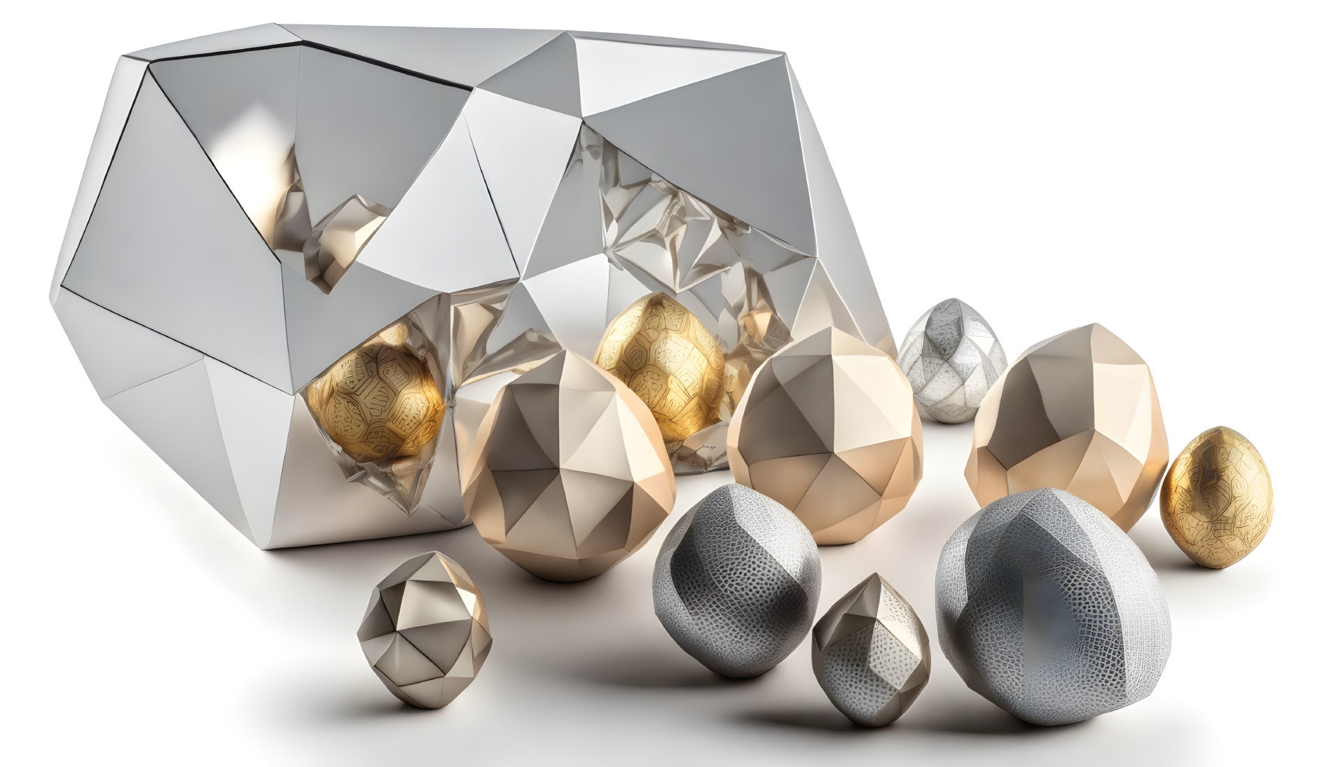 Geometric metallic objects with golden spheres on white background