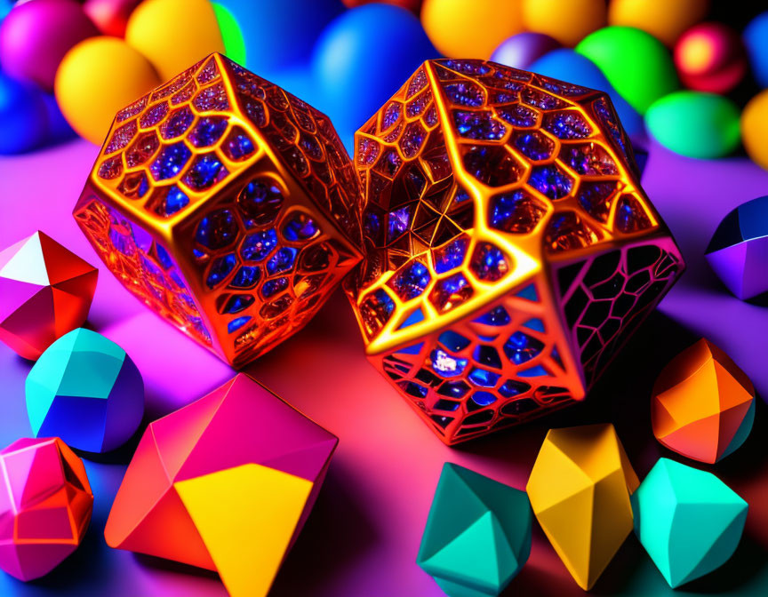 Intricate glowing orange dice on colorful geometric background