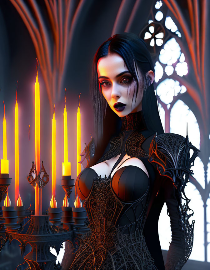 Gothic female figure in dark attire with burning candles and arched window