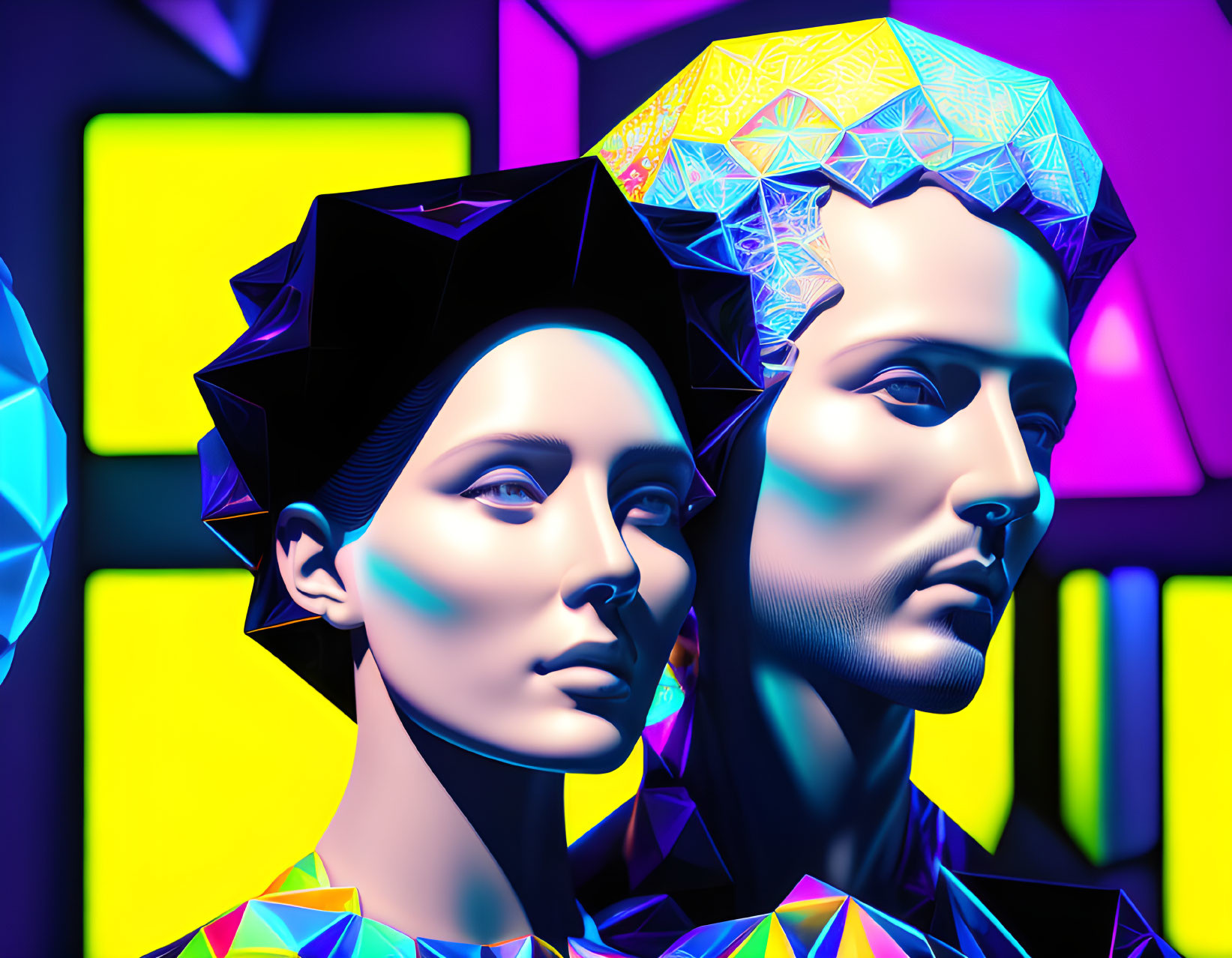 Colorful geometric busts against neon-lit backdrop