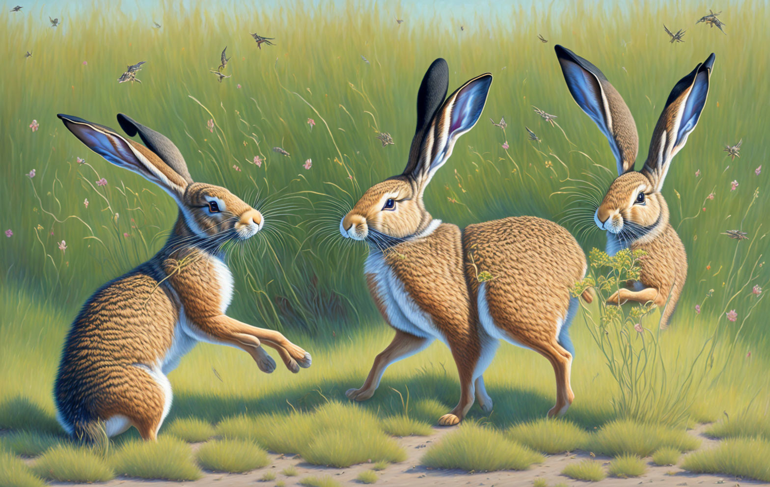 Three realistic rabbits in a grassy field with flying insects.