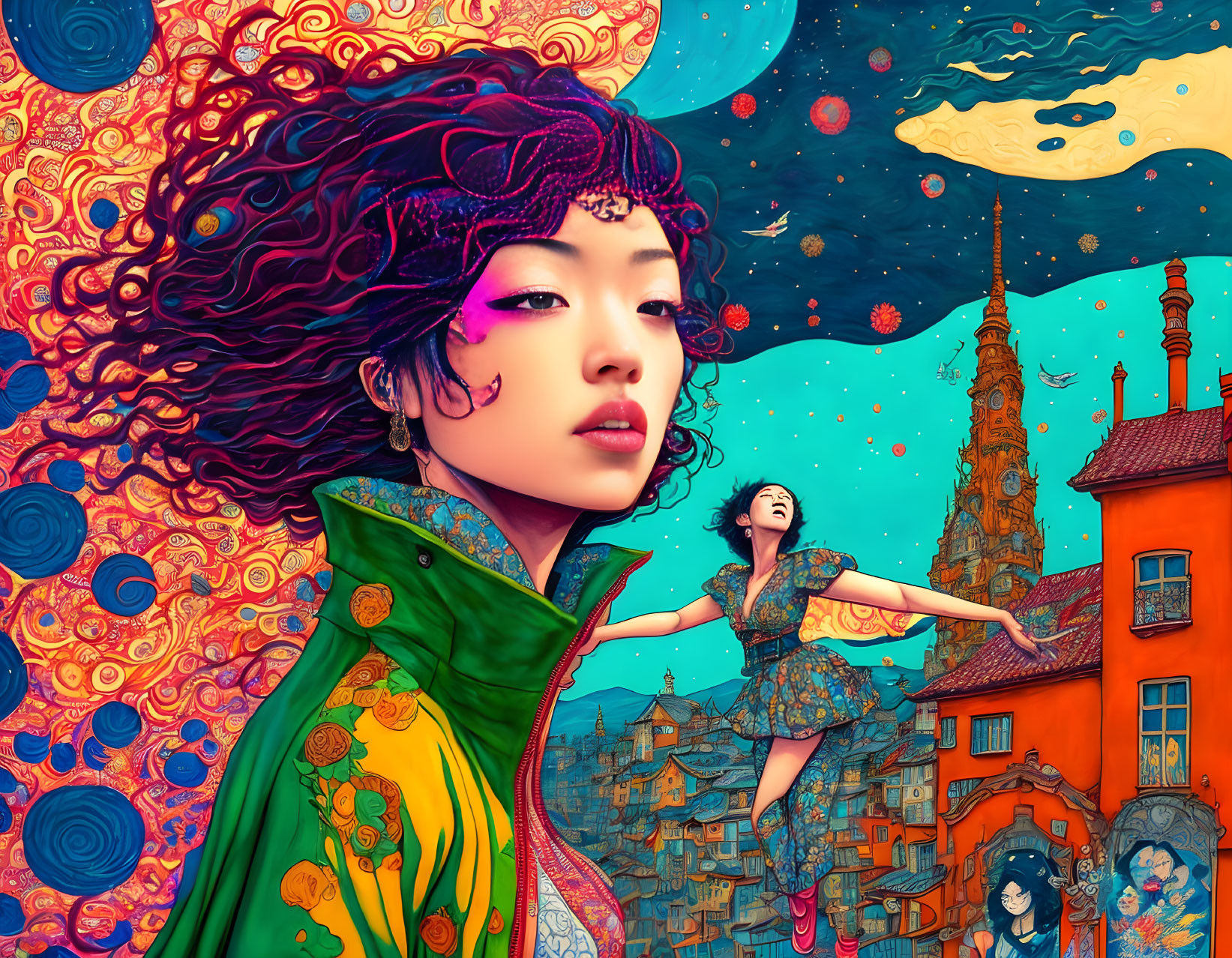 Colorful digital artwork: Woman with curly hair in surreal cityscape.