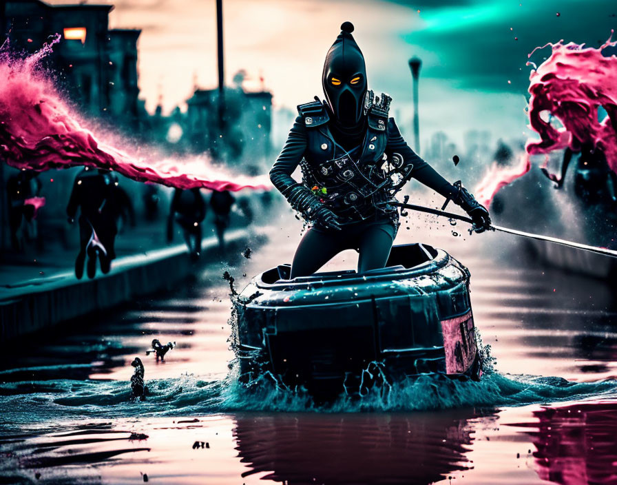 Futuristic figure in suit paddling boat in urban setting with pink water splash