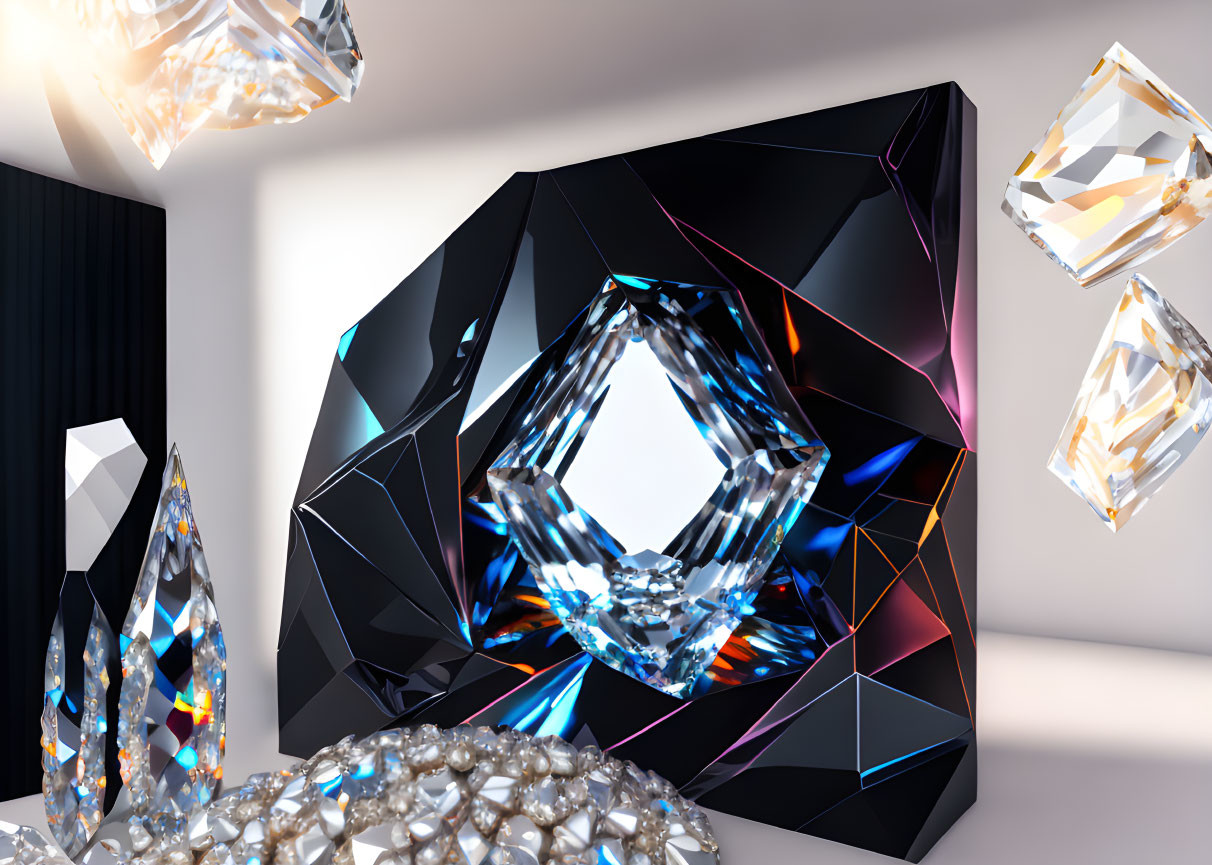 Multifaceted black crystal with colorful reflections in modern setting