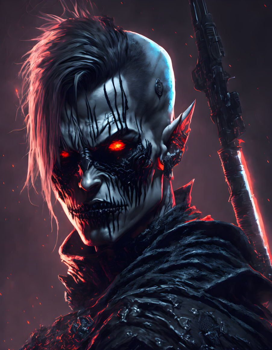 Sinister demon with glowing red eyes and staff in dark setting