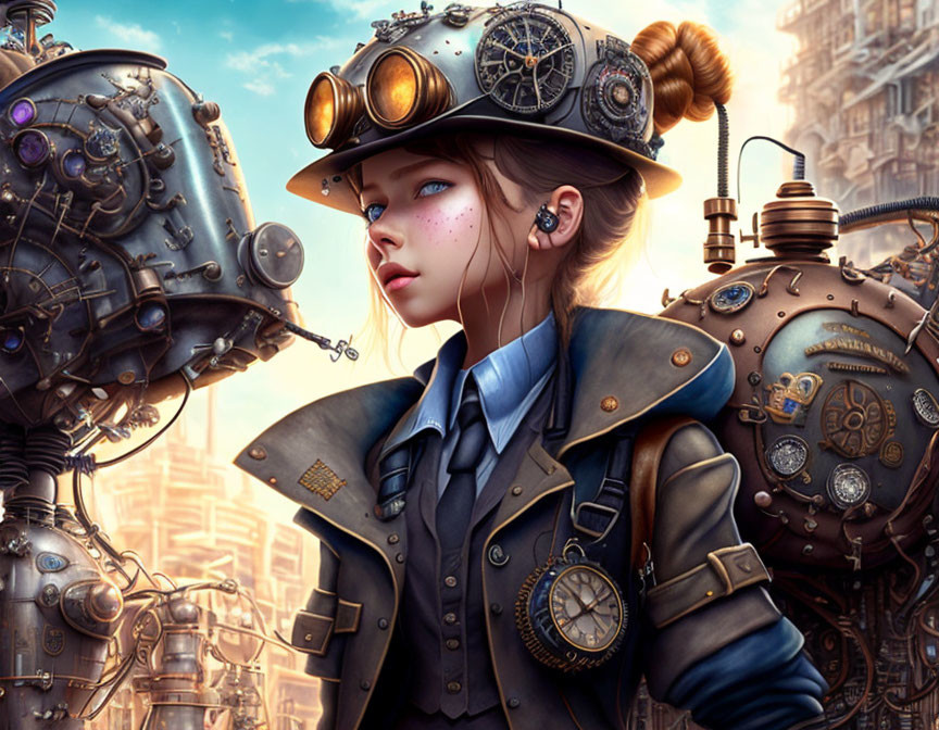 Steampunk-themed illustration featuring young woman in Victorian outfit with goggles and mechanical robots