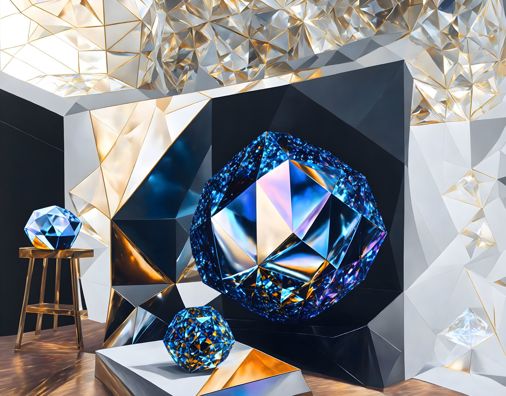 Geometric shapes and reflective surfaces in modern interior design with large blue centerpiece