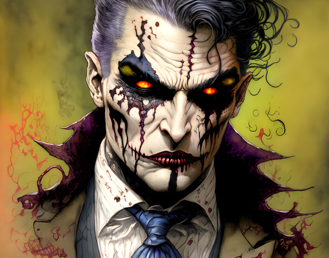 Menacing character with white face paint, dark eye sockets, red eyes, and blood-like streaks