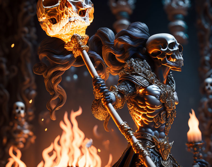 Surreal figure with skull head, ornate armor, flaming staff in fiery setting