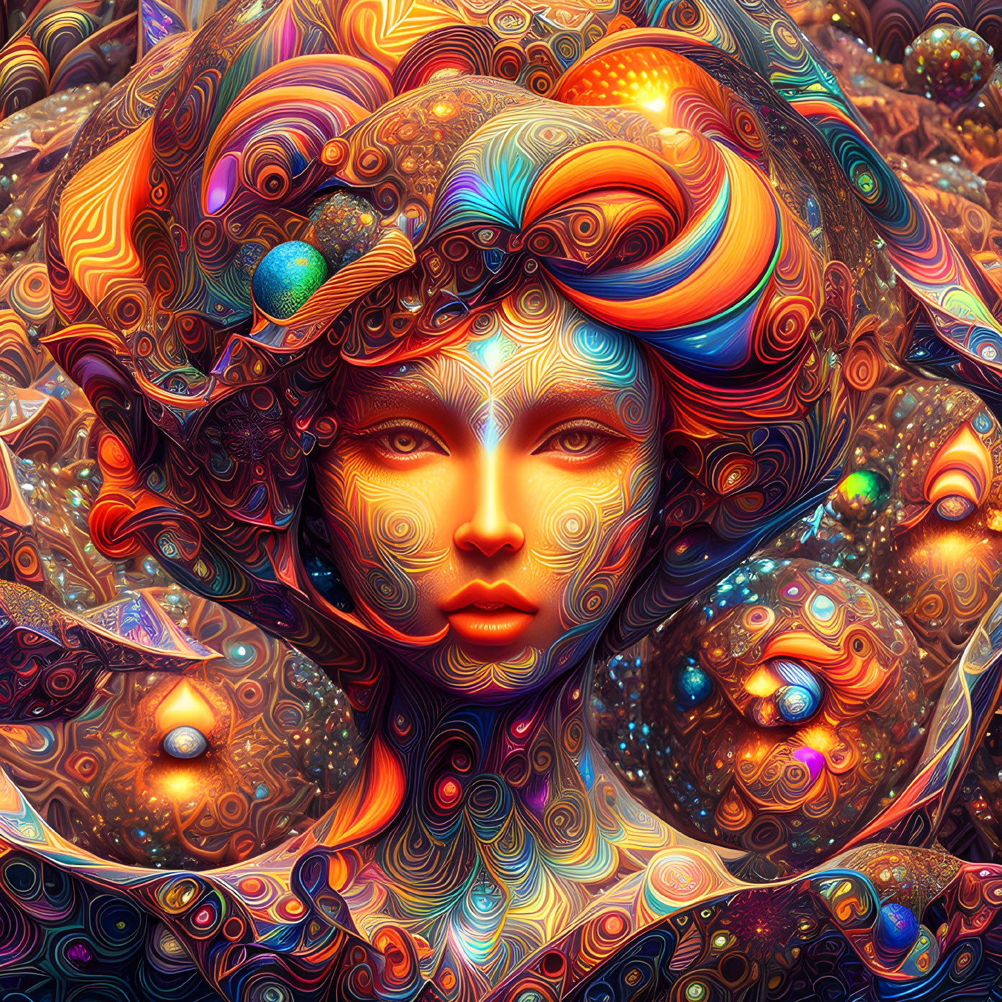 Colorful digital artwork featuring female figure with psychedelic patterns and cosmic elements